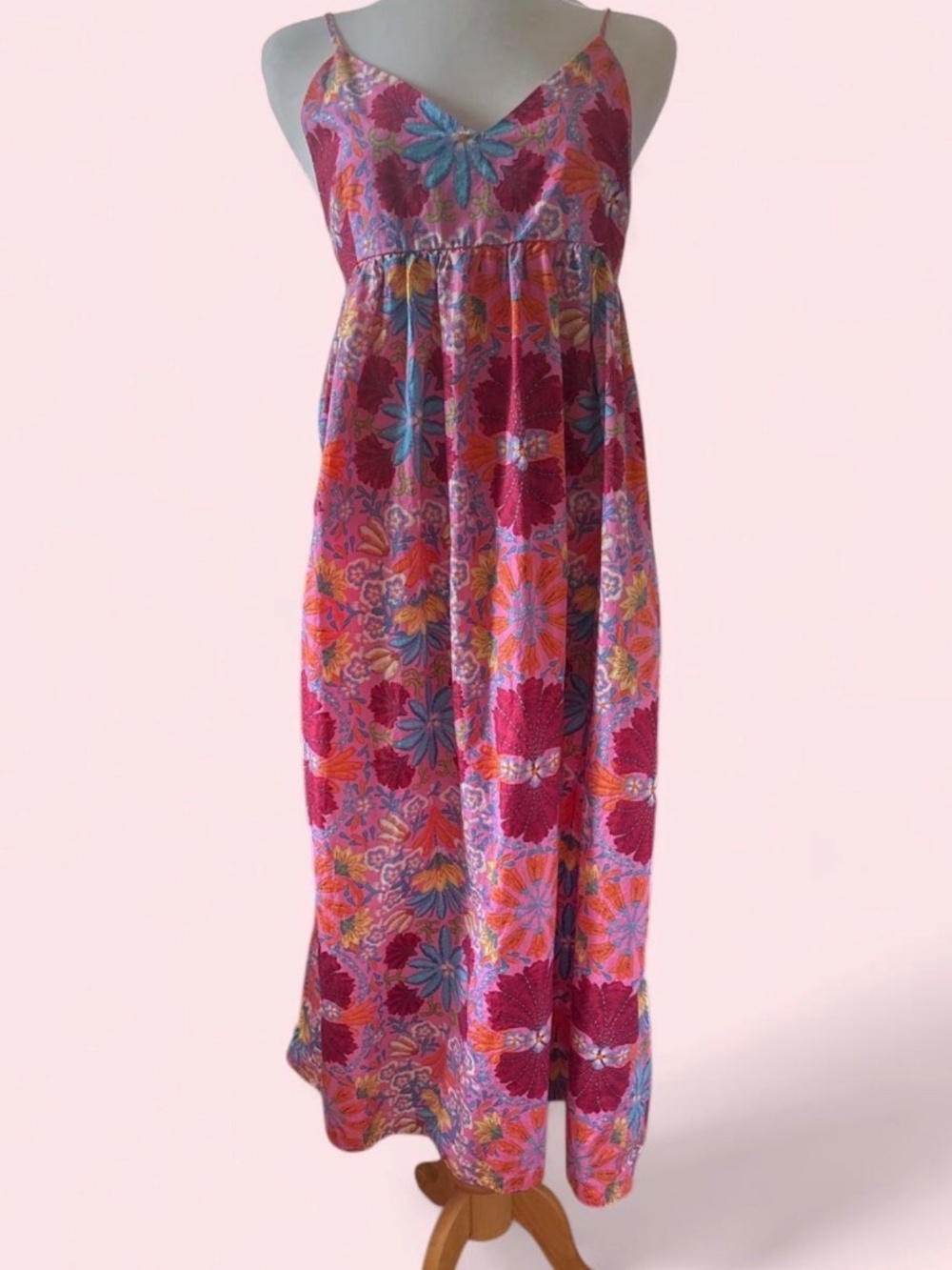 OLIVACEOUS Pink Floral Empire Waist Maxi Dress Medium Boho Sun Dress